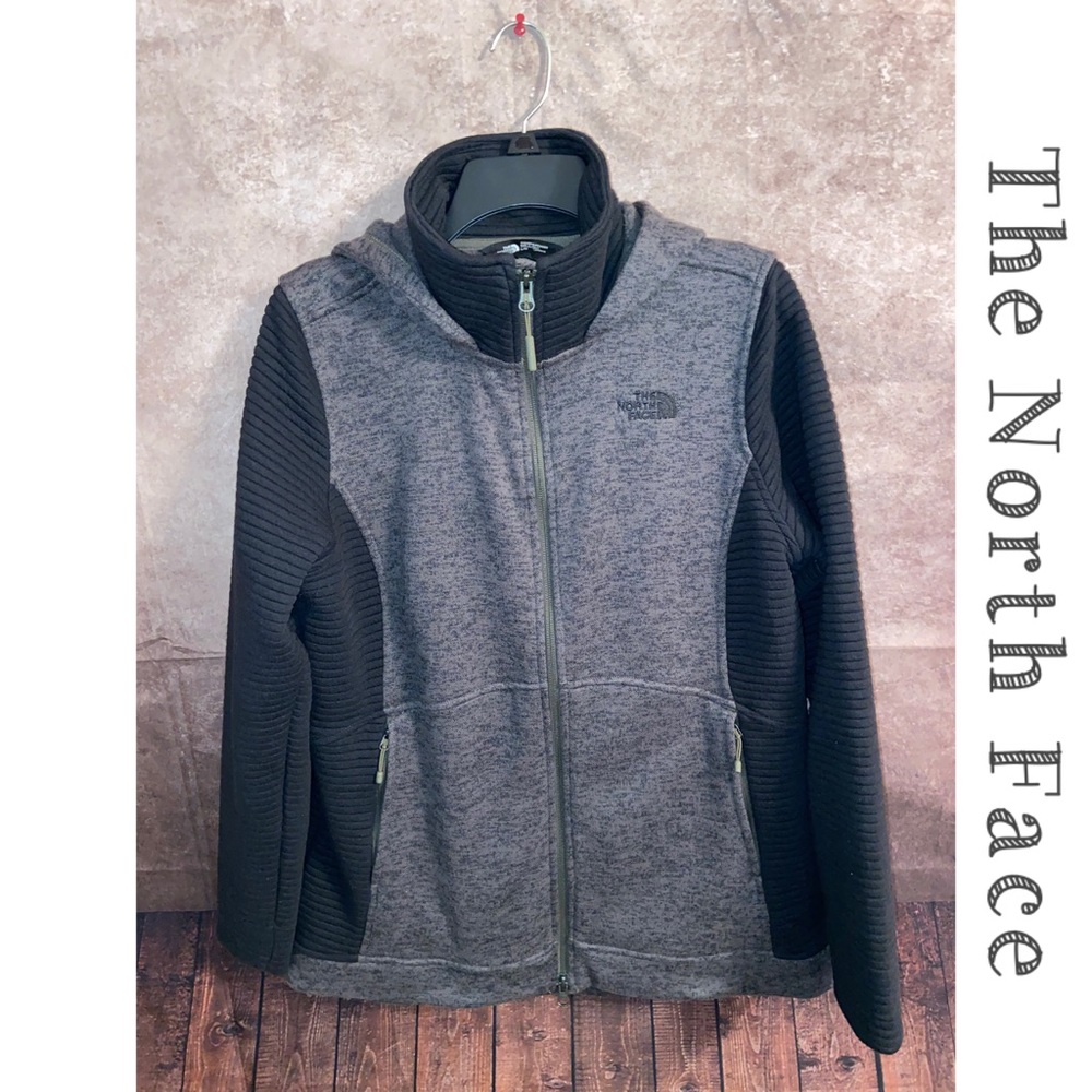 The North Face-Full Zip Fleece Hooded Jacket-Womens Size L-Gray/Black/Olive-EUC